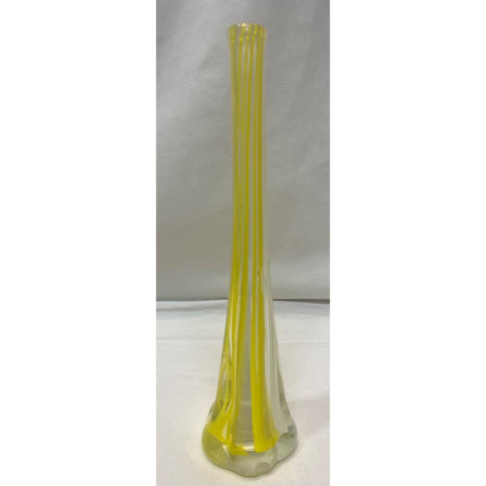VINTAGE 'HighClass' HAND BLOWN SWUNG VASE Yellow White Clear JAPAN 9.75” T